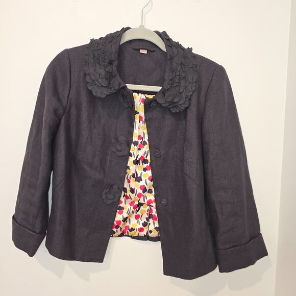 Boden Women 2 Linen Blazer Jacket Lined 3/4 Sleeve Gray Petal Collar Snap Button - Picture 1 of 8